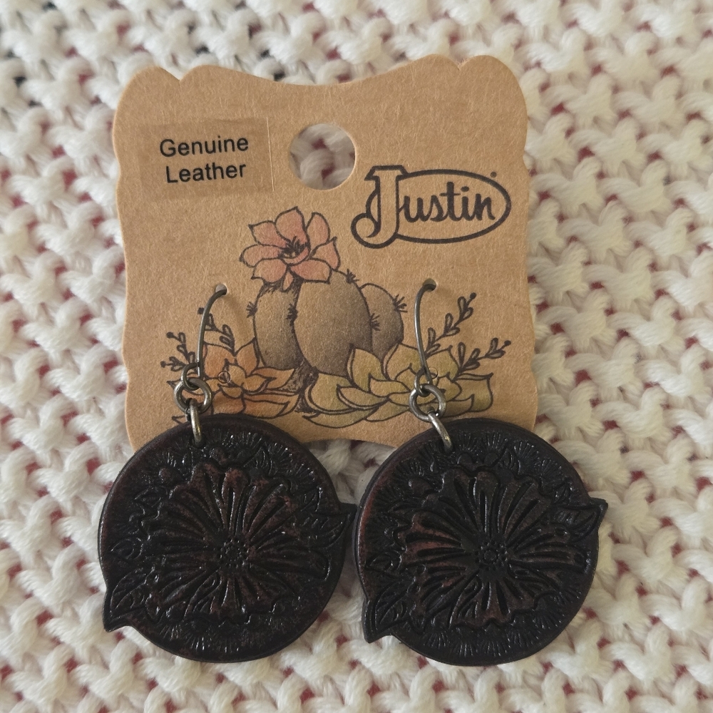 NEW‎ Justin Genuine Leather Embossed Round Earrings Tooled Brown Western Boho